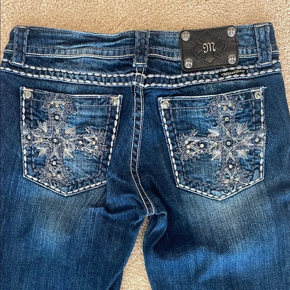 Miss Me Dark Blue Skinny Jeans with Intricate Silver Details - Picture 1 of 7